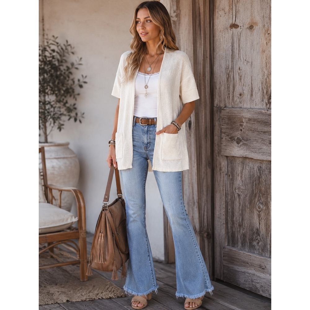 Tahari Women Cream Ivory 100% Linen Short Sleeve Open Front Cardigan Sweater S